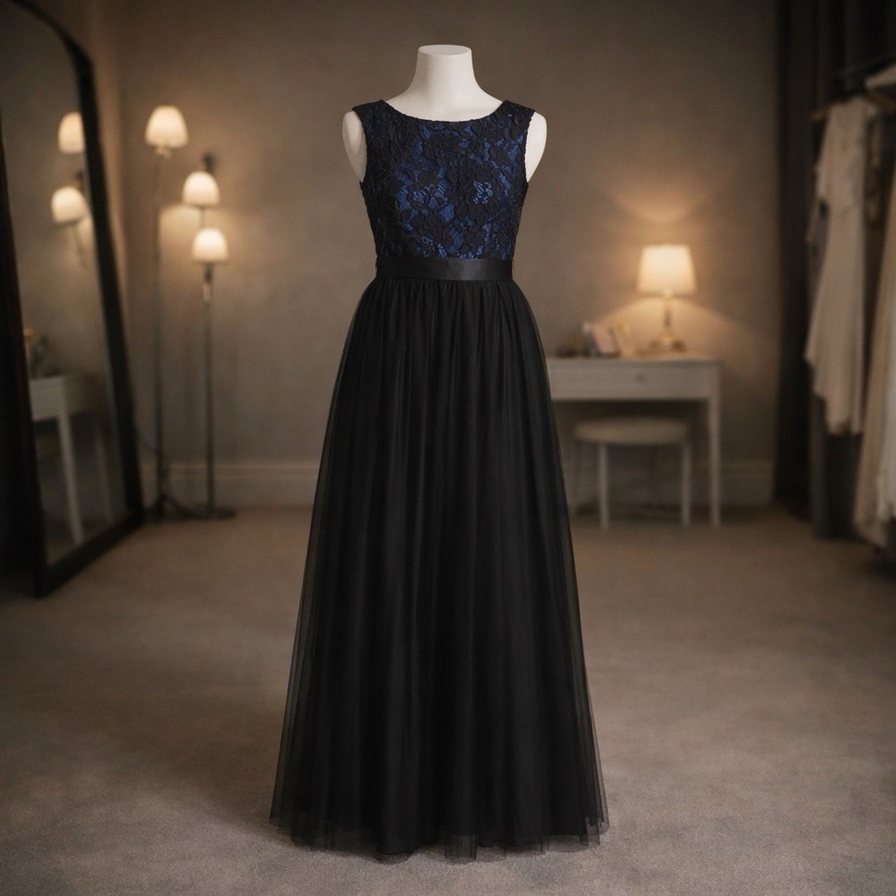AIDAN MATTOX Womens Black & Blue Evening Ballgown‎ Dress Overlay Lace Tulle Sz 6